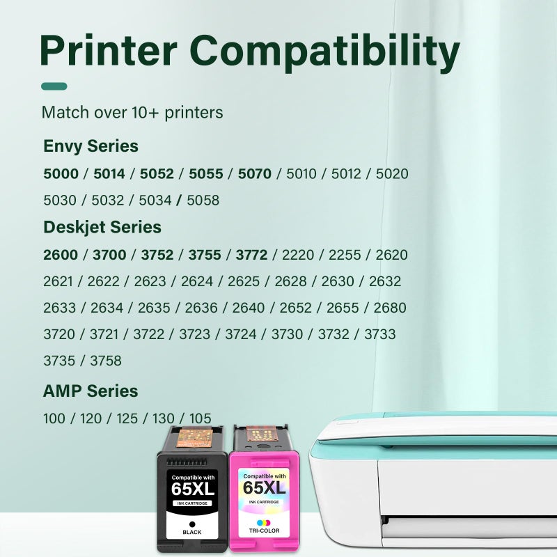 Cool Toner 65XL 65 Ink Cartridges Black/Color Combo Pack DeskJet 3755 Envy 5055 Replacement for HP65 XL Black and Color for HP Envy 5052 5000 DeskJet 3772 3700 2600 3752 Printer (Black Tri-Color) - Image 2