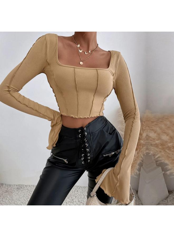 Women's Clothing Spring And Summer New Slim-fit Long-sleeved Square Collar Pullover Knitted Top T-shirt For Women 