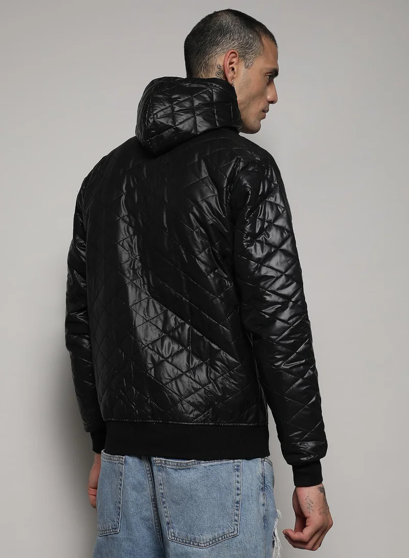 Campus Sutra Men's Black Quilted Puffer Jacket With Zip-Closure