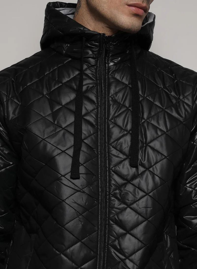 Campus Sutra Men's Black Quilted Puffer Jacket With Zip-Closure