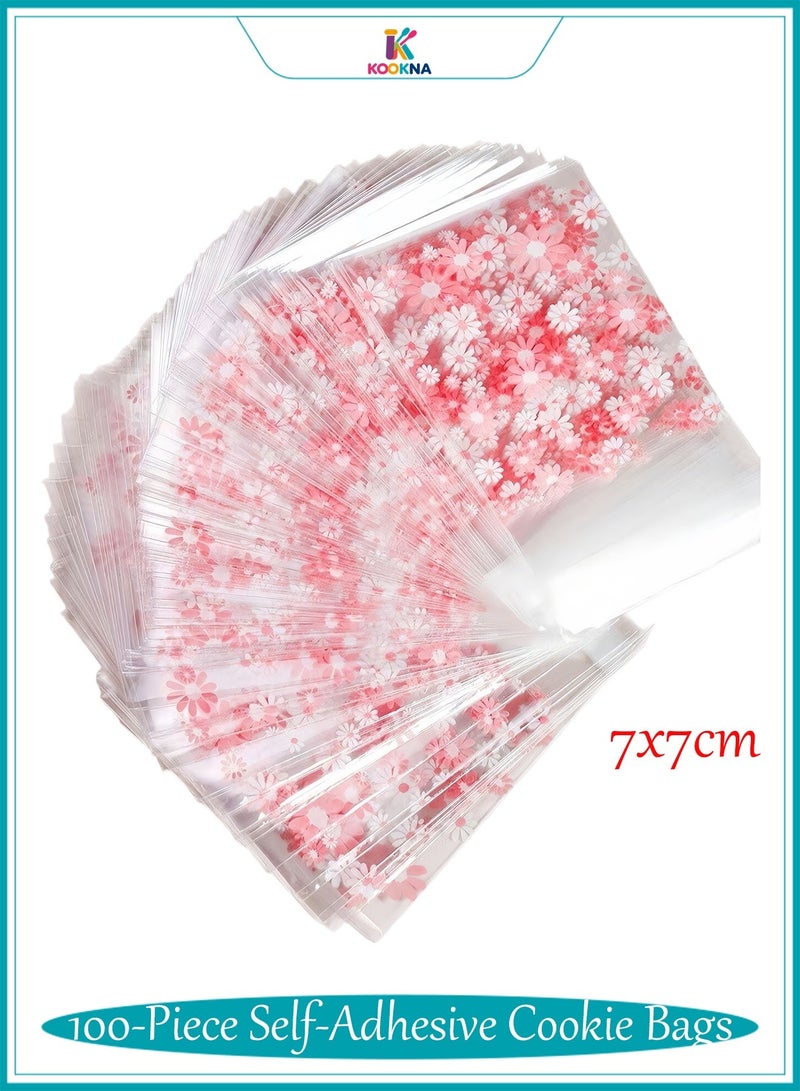 KOOKNA Plastic Bag Self-Adhesive, Candy Bags and Cookies Bags, 100-Piece Small Plastic Bag, Pink Floral Cellophane Pouches, Food Freshness and Secure Sealing, 7x7cm - Image 1