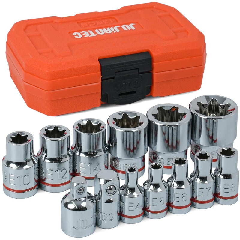 JU JIAN TEC 13Piece ETorx Socket Set with 6Point Star Design E4 to E20 Sizes 14 38 Drive Hardened CRV Steel Impact Wrench Compatible Sturdy Molded Case