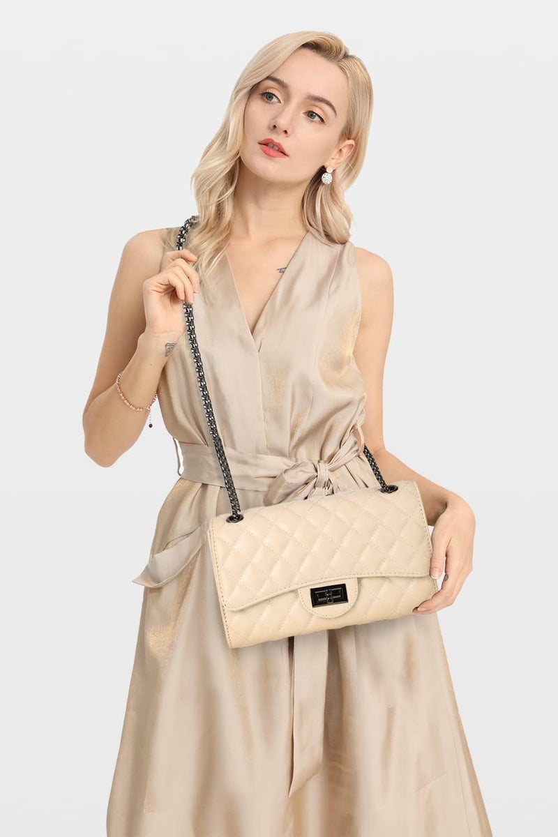 Gladdon Quilted Crossbody Purse for Women Trendy Ladies Shoulder Bag with Chain Designer Purses Beige I - Image 2