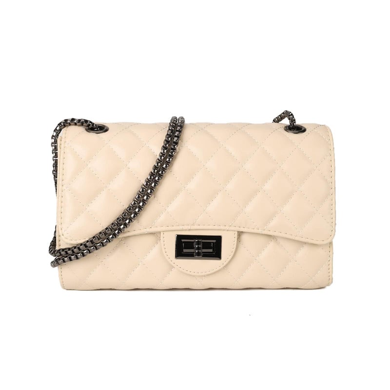 Gladdon Quilted Crossbody Purse for Women Trendy Ladies Shoulder Bag with Chain Designer Purses Beige I - Image 1