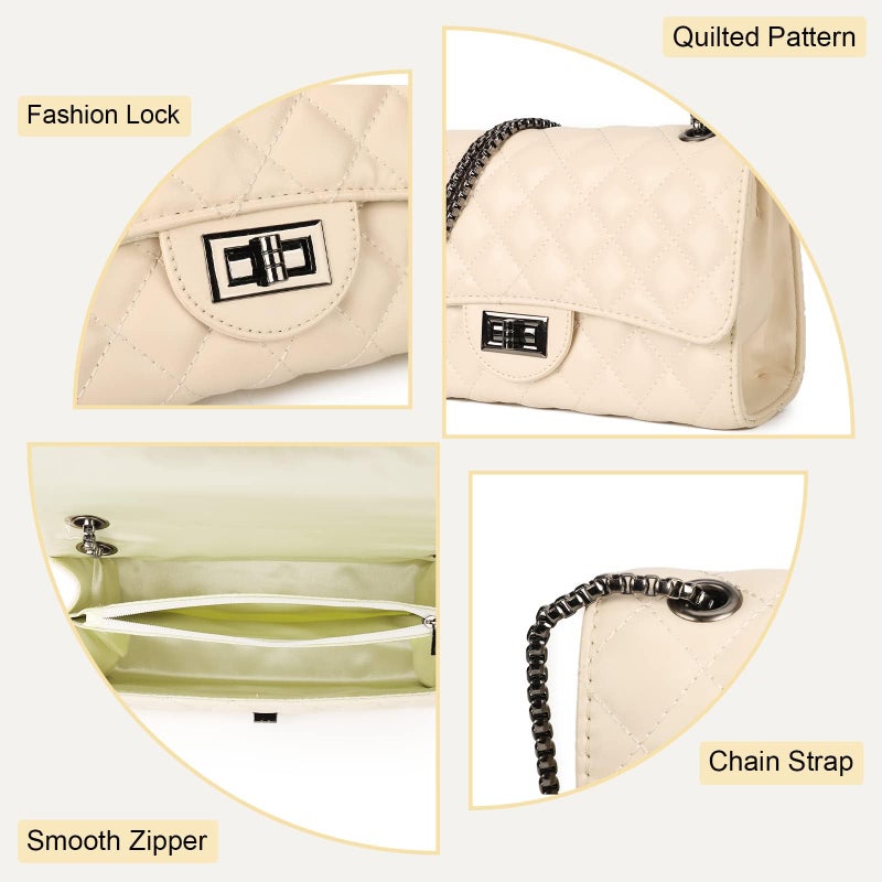 Gladdon Quilted Crossbody Purse for Women Trendy Ladies Shoulder Bag with Chain Designer Purses Beige I - Image 5