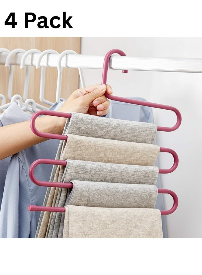 4 Pack Multi Pants Hangers Rack – Stainless Steel S-Shape 5-Layer Closet Organizer Space Saving Trouser and Jeans Hanger – Heavy Duty Metal Clothes Rack for Pants, Skirts, Scarves, and Trousers – Rust-Resistant, Durable Closet Storage Solution, Pink - Image 1