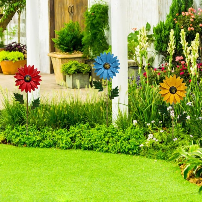 منحوتة دوارة من المعدن الأصفر على شكل عباد الشمس مع وتد لتزيين الفناء الخارجي والعشب والحديقة - Image 4