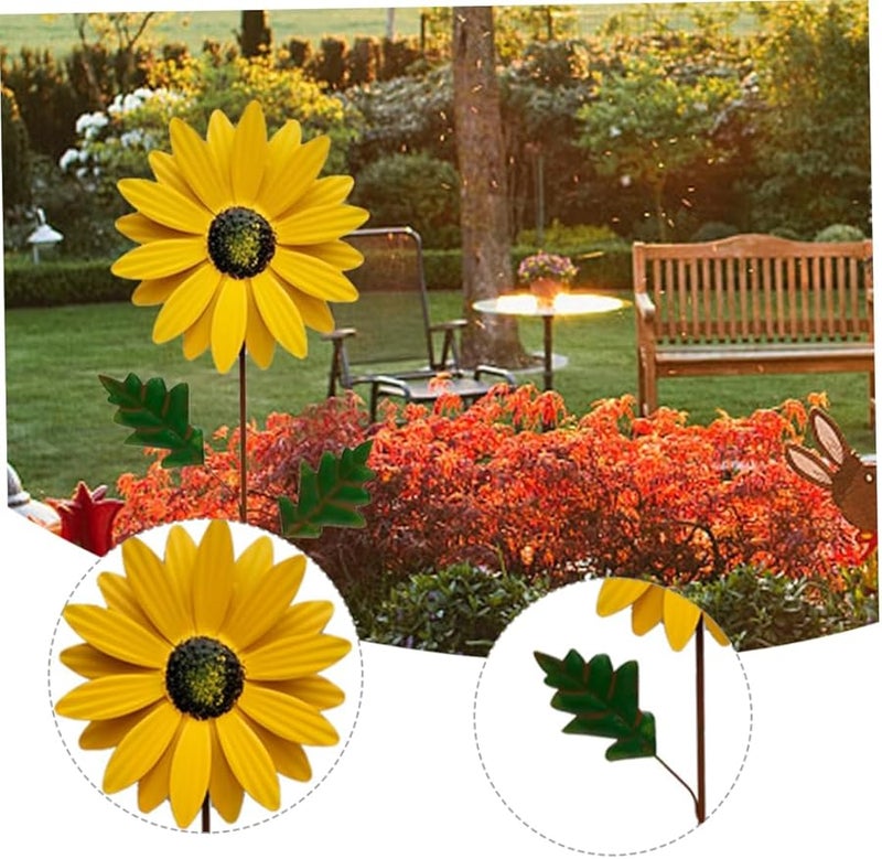 منحوتة دوارة من المعدن الأصفر على شكل عباد الشمس مع وتد لتزيين الفناء الخارجي والعشب والحديقة - Image 5
