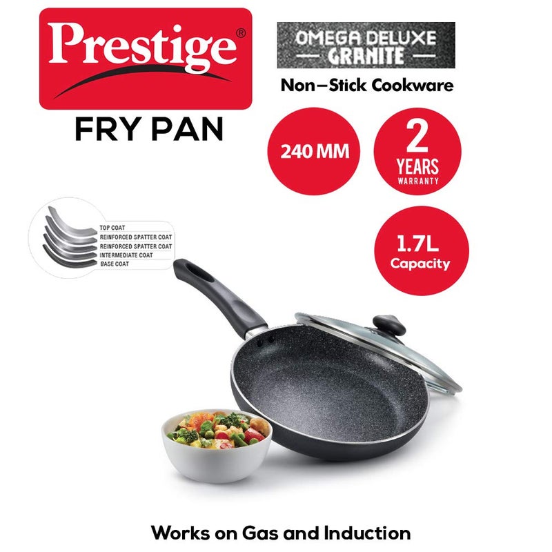 Prestige Omega Deluxe 24cm Granite Fry Pan with Glass lid|Gas & Induction Compatible | 5 Layers Non-Stick Cookware | Dishwasher Compatible - Image 2