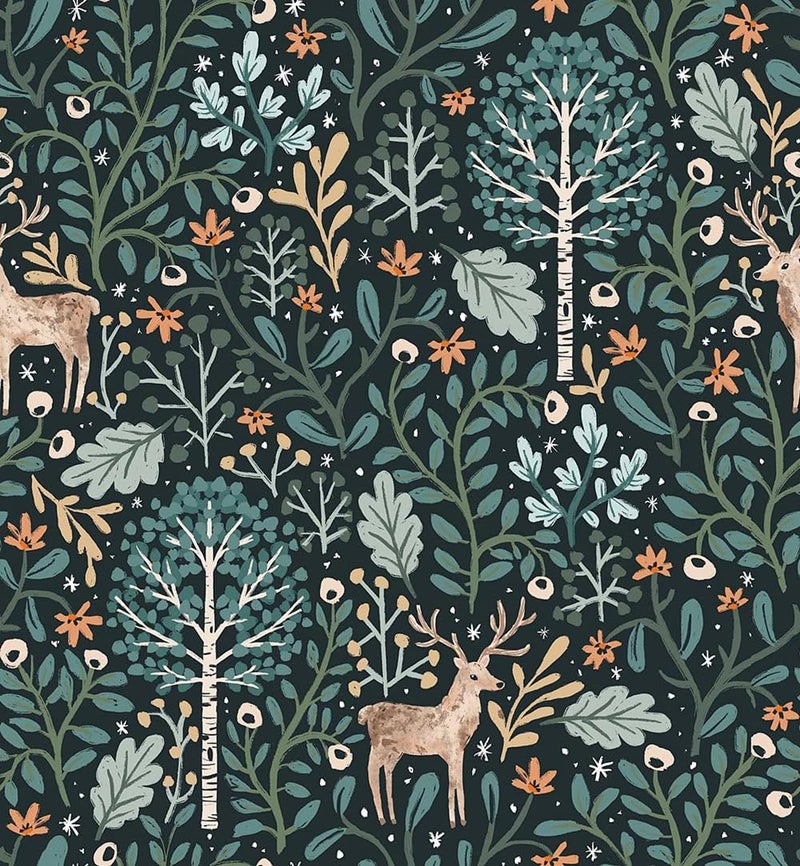 REDAMANCY Fairy Animal Forest Green Trees Deers Red Flowers Peel and Stick Wallpaper Stick on Contact Paper Vintage Wall Paper Easy Peel Off for nightstand Drawer Cabinet Renter