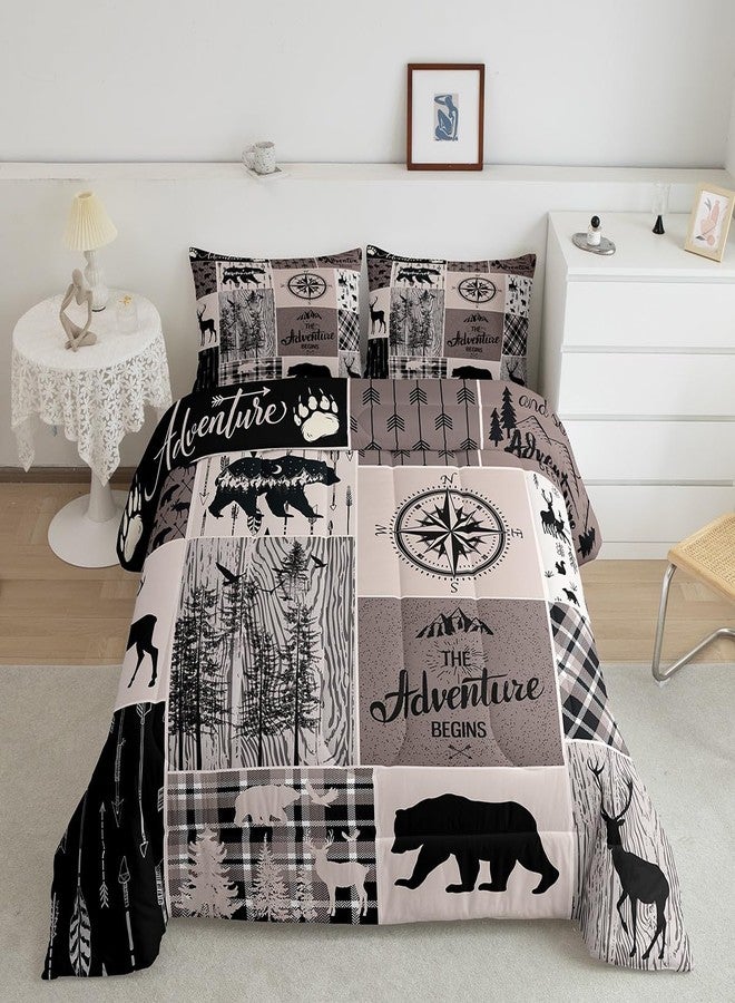Erosebridal Bear Deer Duvet Insert Queen, Rustic Farmhouse Patchwork Comforter Set For Kids Boys Teens Adult, Vintage Cabin Lodge Decor Bedding Set Woodland Animal Duvet Sets Buffalo Plaid Country Decor, Brown - Image 1