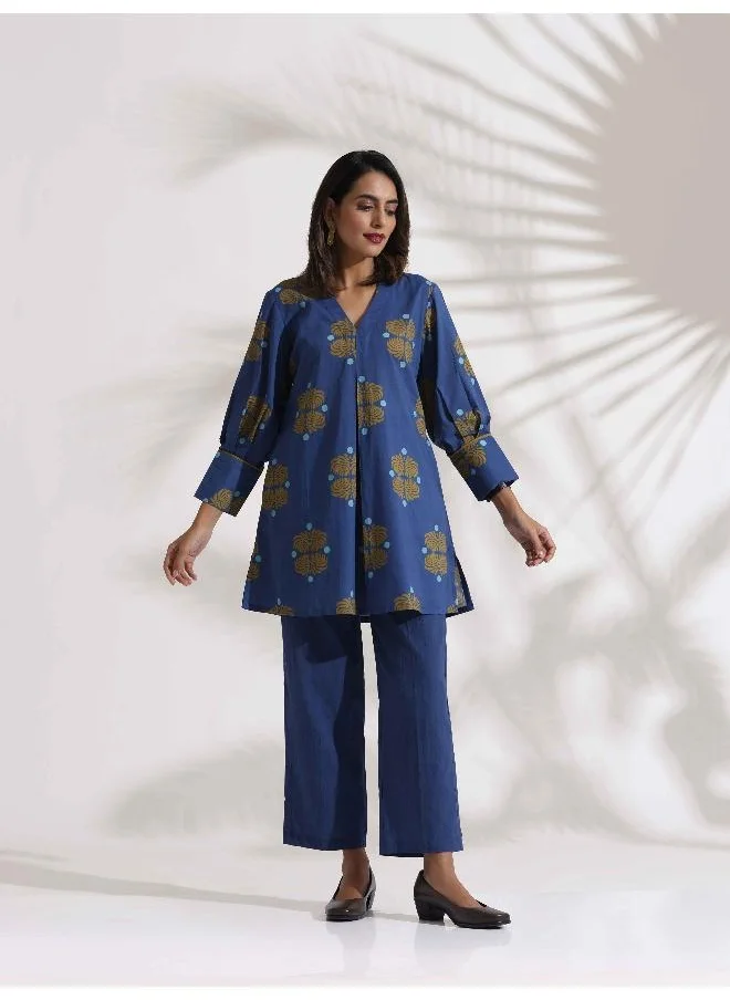 ترو برونز trueBrowns Blue Cotton Print Top & Pants Co-ord Set
