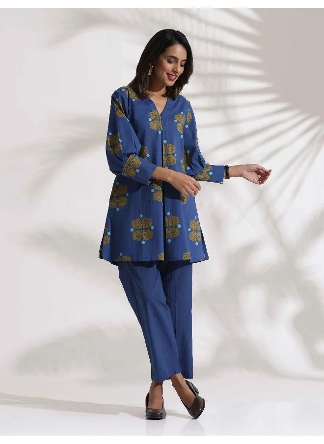ترو برونز trueBrowns Blue Cotton Print Top & Pants Co-ord Set