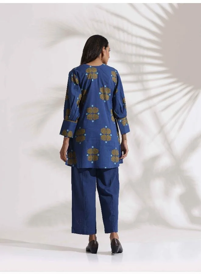 ترو برونز trueBrowns Blue Cotton Print Top & Pants Co-ord Set