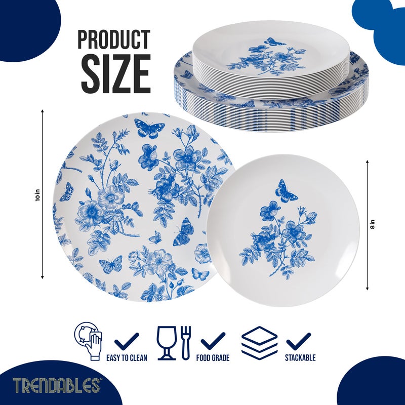 Trendables Disposable Plates For Party Supplies | Blue Floral Plastic Plates For Wedding 40 Pcs - 20 X 8 & 20 X 10 Dinner Plate Sets | Floral Plate Set Disposable Plastic Dinnerware Sets - Image 2