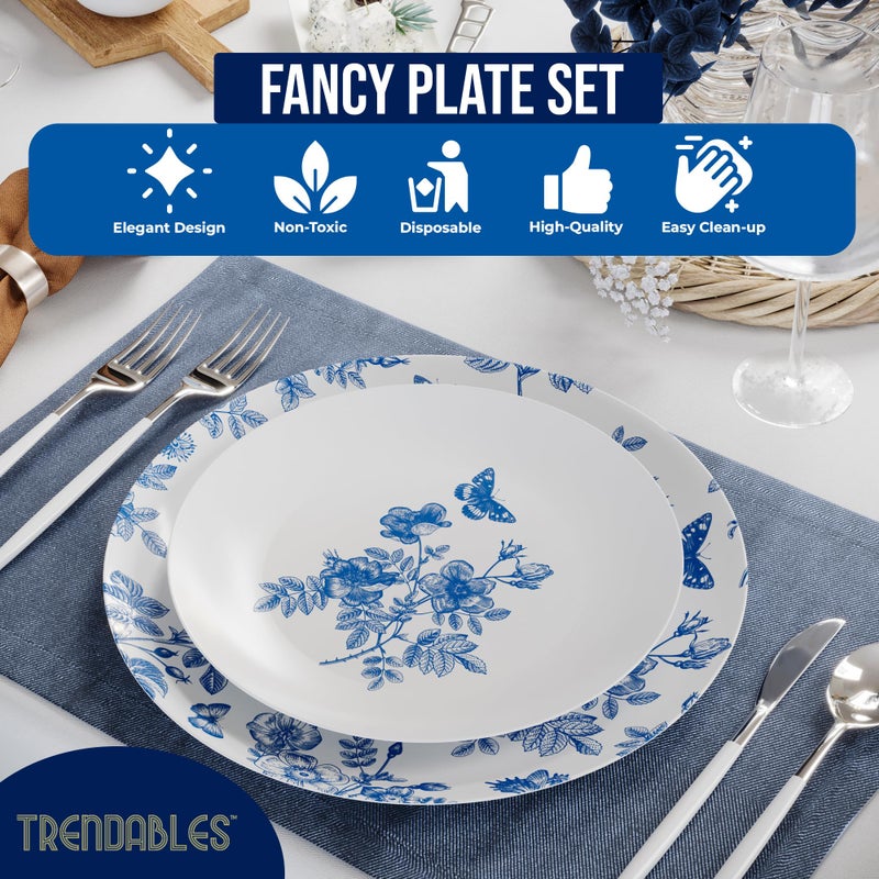 Trendables Disposable Plates For Party Supplies | Blue Floral Plastic Plates For Wedding 40 Pcs - 20 X 8 & 20 X 10 Dinner Plate Sets | Floral Plate Set Disposable Plastic Dinnerware Sets - Image 4