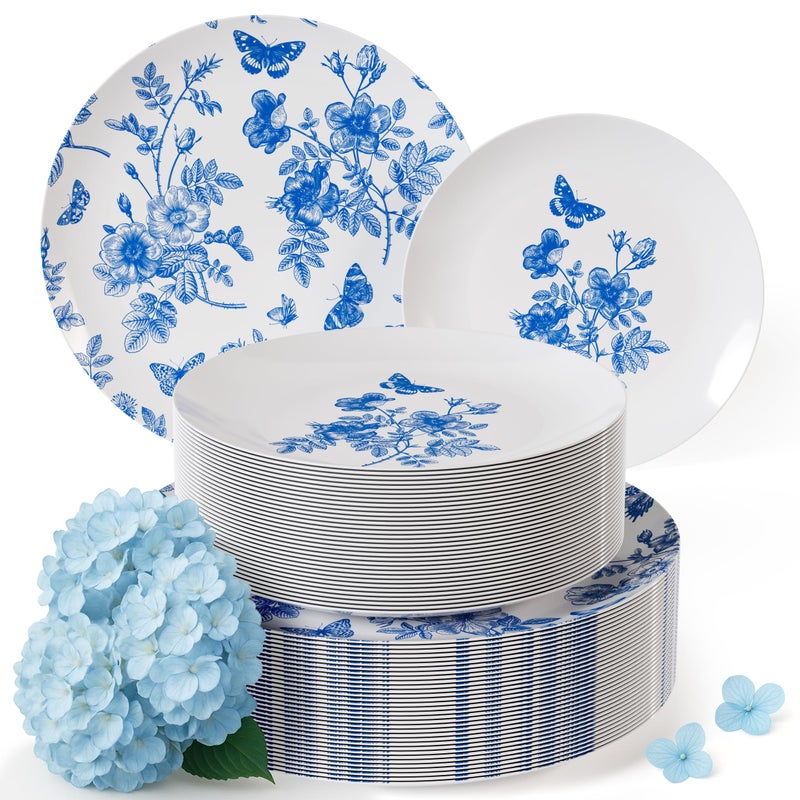 Trendables Disposable Plates For Party Supplies | Blue Floral Plastic Plates For Wedding 40 Pcs - 20 X 8 & 20 X 10 Dinner Plate Sets | Floral Plate Set Disposable Plastic Dinnerware Sets - Image 1