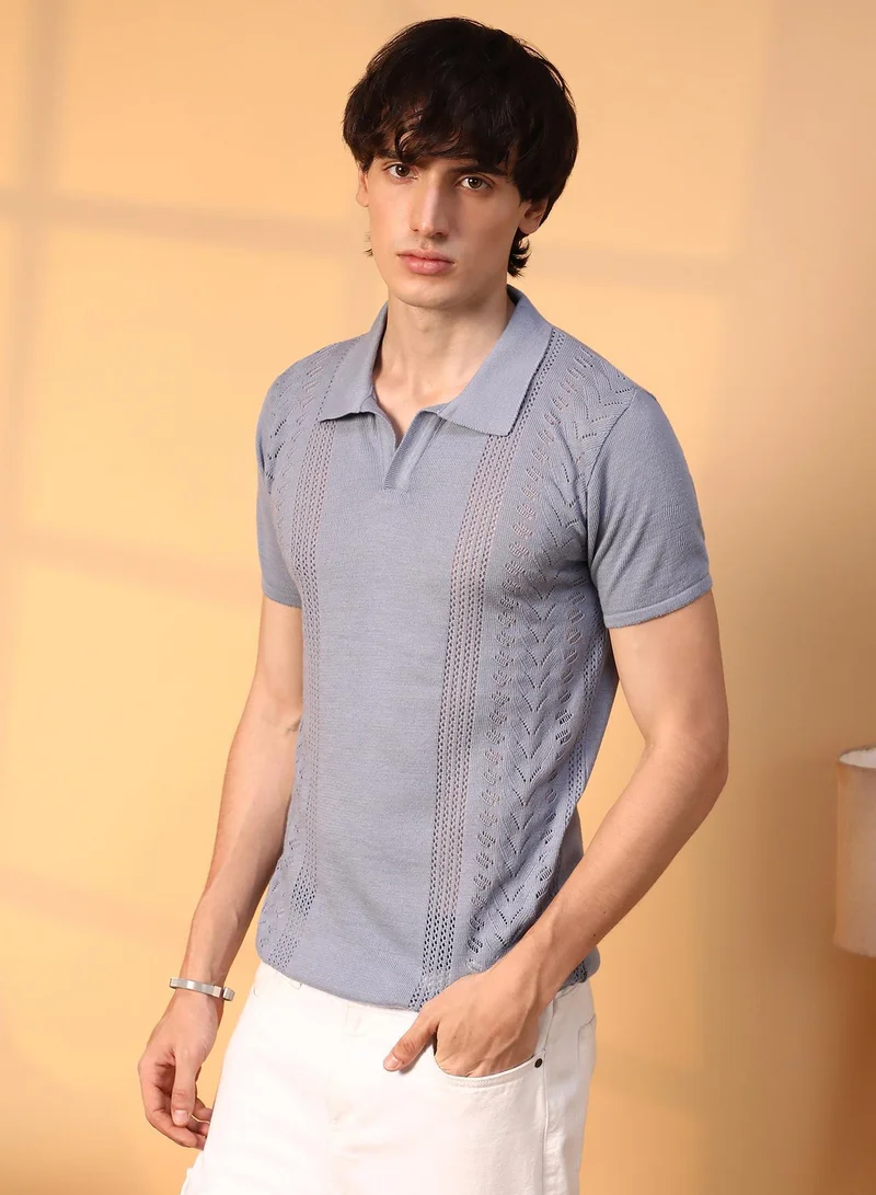 Campus Sutra  Men's Coin Grey Block-Textured Polo T-Shirt for Men | Best Price UAE