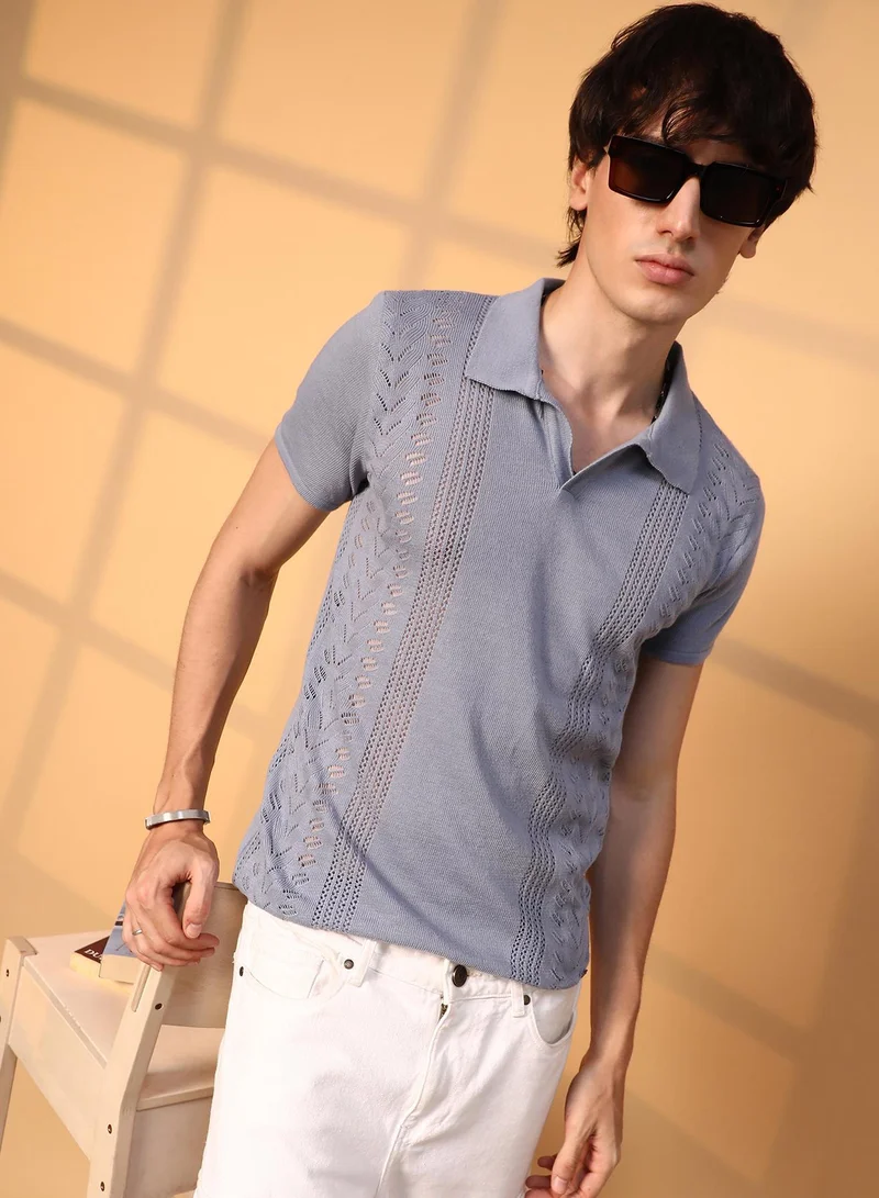 Campus Sutra Men's Coin Grey Block-Textured Polo T-Shirt