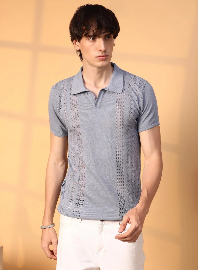 Campus Sutra Men's Coin Grey Block-Textured Polo T-Shirt
