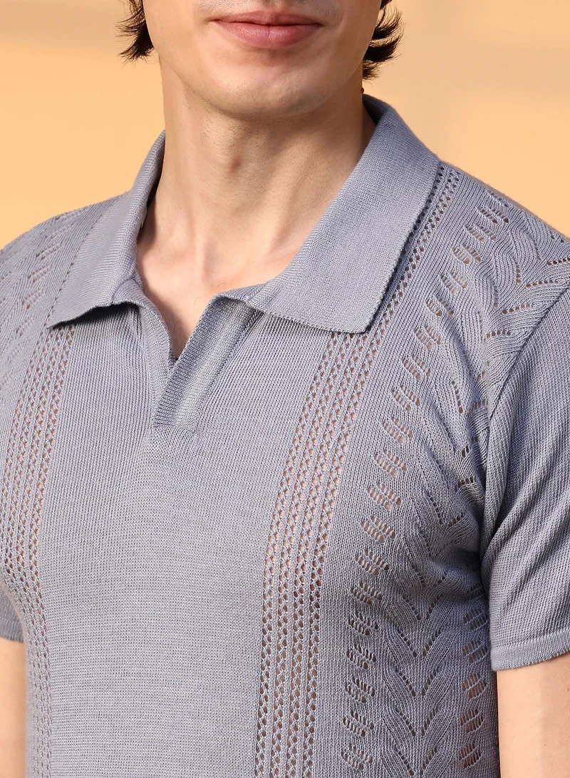 Campus Sutra  Men's Coin Grey Block-Textured Polo T-Shirt for Men | Best Price UAE