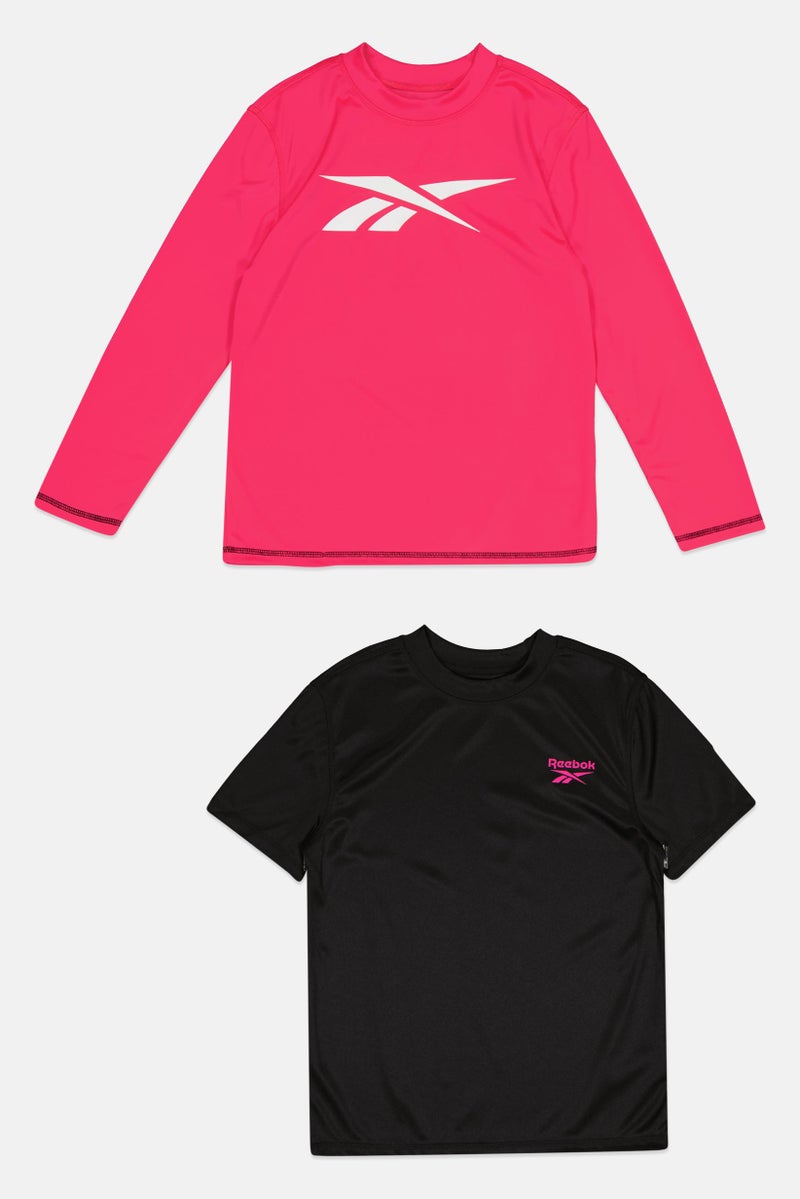 Reebok ملابس سباحة للبنات 2 قطعة بشعار العلامة التجارية، أسود/وردي - Image 1