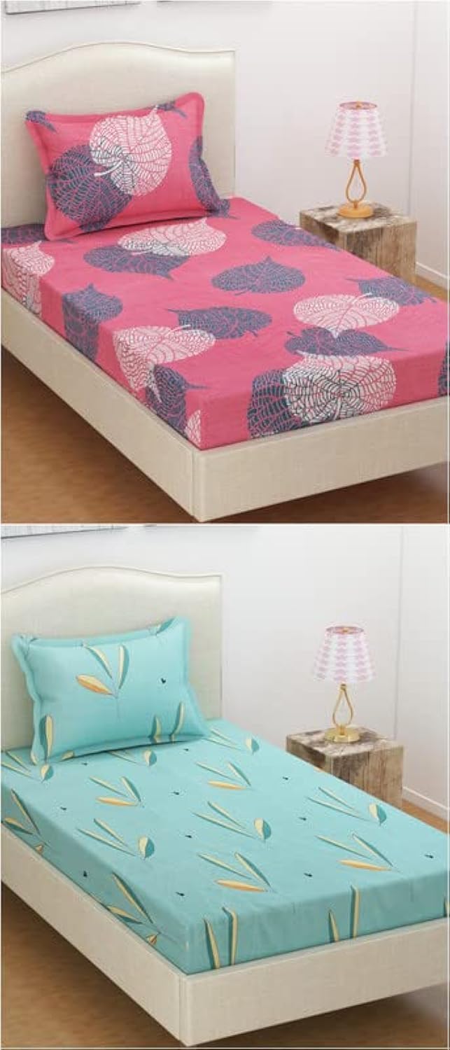 VAS COLLECTIONS® Prime Collection Combo Pack of 2 Single Bedsheet with 2 Pillow Covers | 160 TC Soft Brushed Glace Cotton -Long Lasting & Wrinkle Free - | 228x152 cm or 4x6 ft-Pink & Green - Image 1