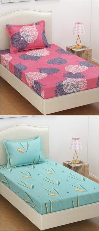 VAS COLLECTIONS® Prime Collection Combo Pack of 2 Single Bedsheet with 2 Pillow Covers | 160 TC Soft Brushed Glace Cotton -Long Lasting & Wrinkle Free - | 228x152 cm or 4x6 ft-Pink & Green - Image 2