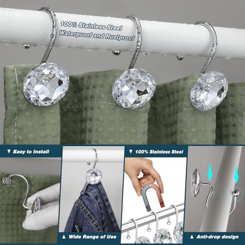 Yapicoco 12PCS Shower Curtain Hooks Rings for Bathroom, Stainless Steel Rust Resistant Decorative Rhinestones Shower Curtain Rings Hangers for Shower Curtains, Clothing, Towels, etc. (Clear) - Image 4