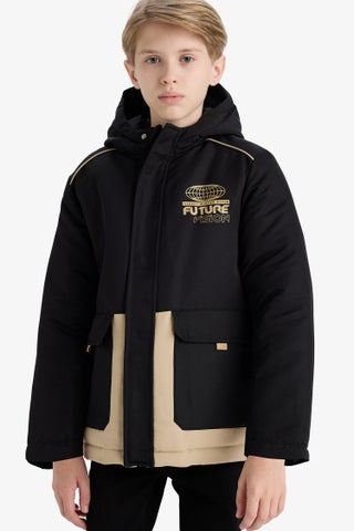 Black Boy Boy Hooded Zippered Waterproof Puffer Jacket Casual