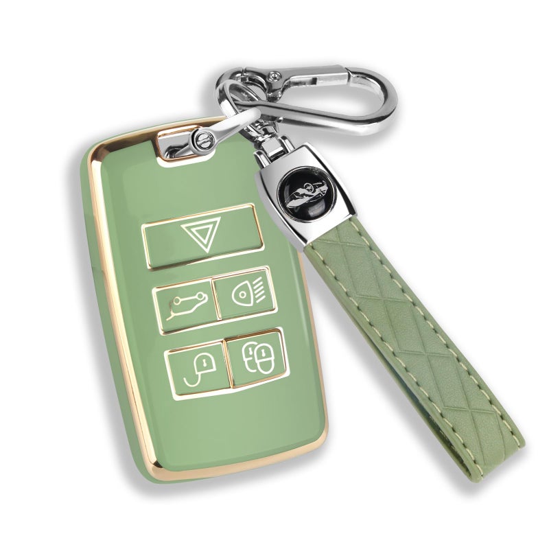 QBUC for Land Rover Key Fob Cover with KeyChain Soft TPU Gold Trim Key Case Full Protection Compatible with 20182026 Land Rover Range Rover Evoque Sport Vogue Discovery 5 Jaguar E IPACE Green