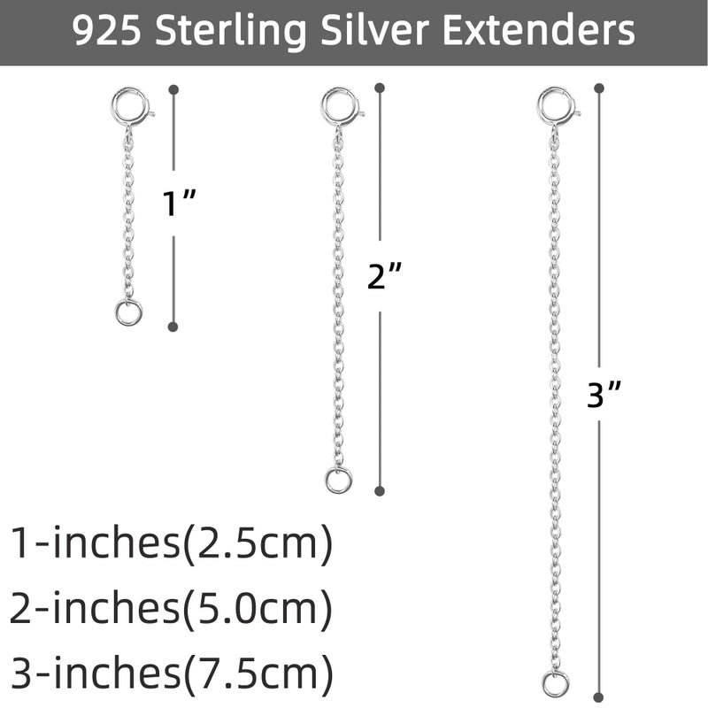 VANBARIS 3 Pcs 925 Sterling Silver Necklace Extender Silver Chain Extenders for Necklaces Bracelet Bracelet Anklet Jewelry Extension for Women, 3 Piece Set (1, 2, 3 Inches) - Image 3