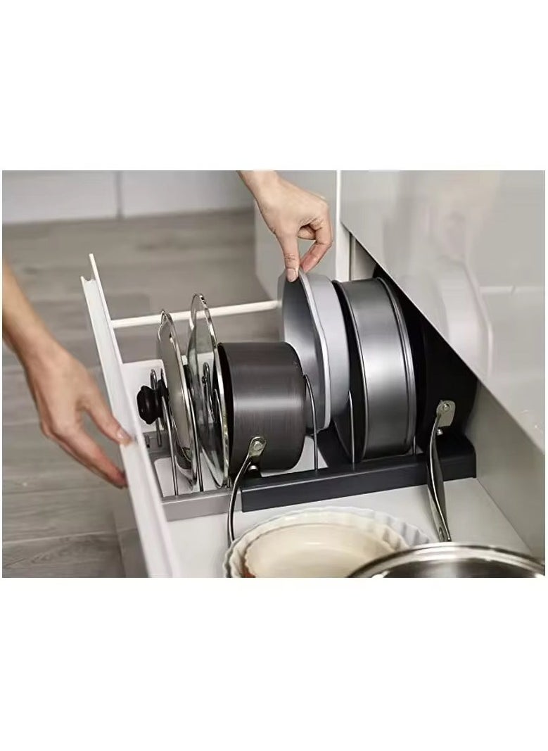 VIO - Pan Pot Lid Rack Organizer Kitchen 7 Tier Adjustable Rack with Steel Holders 2 DIY Methods for Kitchen Cabinet Countertop Cupboard Hanging Storage Shelf Drying Cookware Shelf Expandable Up To 22 Inches - Image 1
