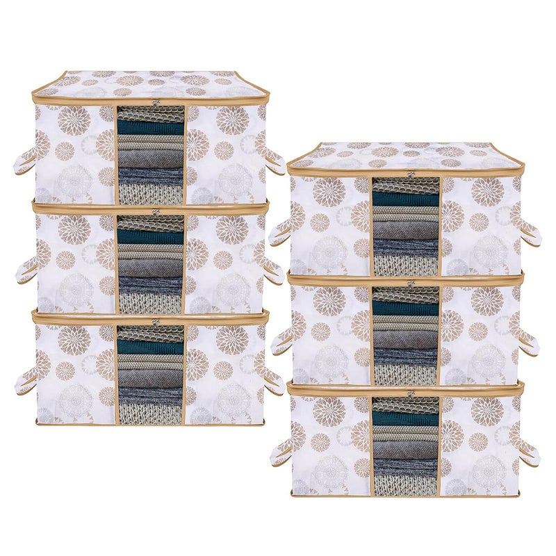 Kuber Industries Kuber Industries Pack of 6 Underbed Storage Bag Clothes Storage Organizer Visible Window Wardrobe Bag Closet Organization with Handle Zipper Clothes Bag GolaPrint White  - Image 1