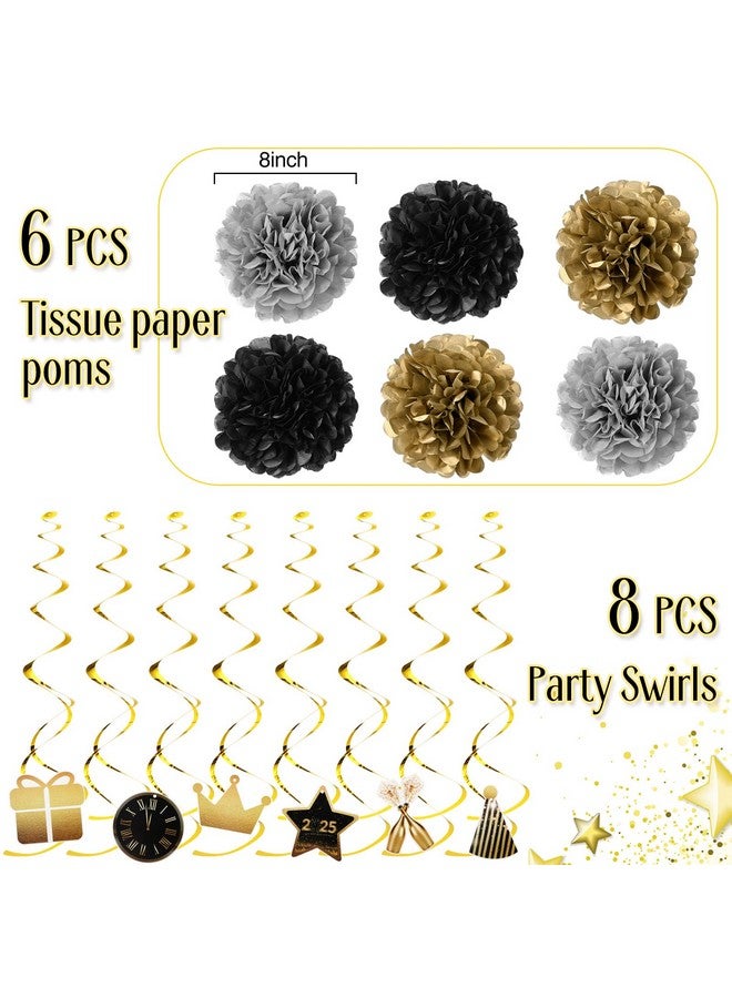 TaoBary Happy New Year 2025 Banner Gold Black Paper Flowers Flag Bunting Swirl Streamers Happy New Years Eve Party Decorations Supplies - Image 3