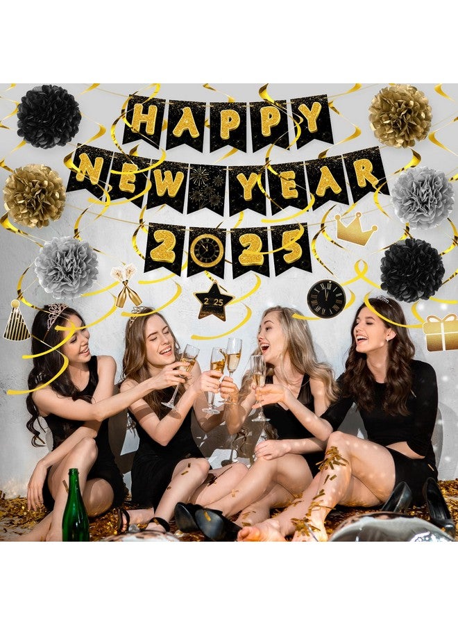 TaoBary Happy New Year 2025 Banner Gold Black Paper Flowers Flag Bunting Swirl Streamers Happy New Years Eve Party Decorations Supplies - Image 5