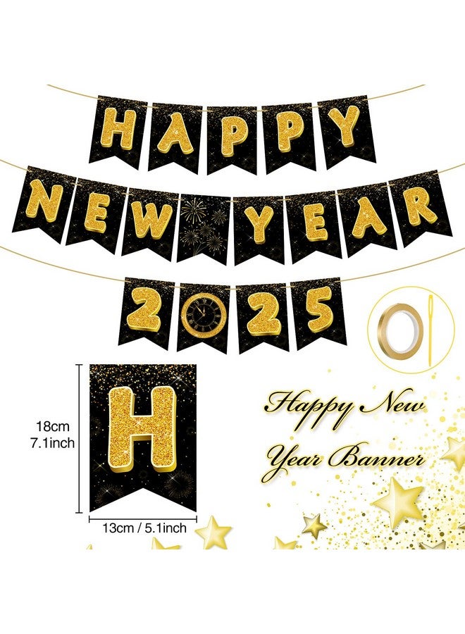 TaoBary Happy New Year 2025 Banner Gold Black Paper Flowers Flag Bunting Swirl Streamers Happy New Years Eve Party Decorations Supplies - Image 2