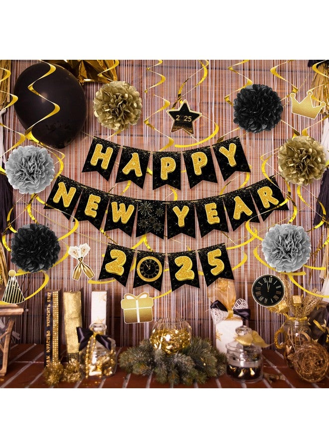 TaoBary Happy New Year 2025 Banner Gold Black Paper Flowers Flag Bunting Swirl Streamers Happy New Years Eve Party Decorations Supplies - Image 4