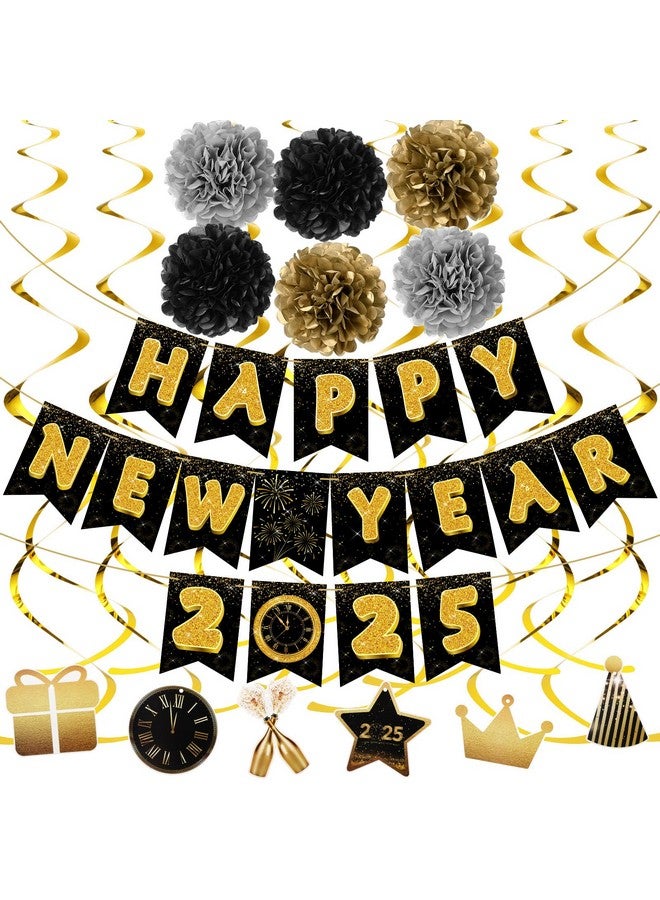 TaoBary Happy New Year 2025 Banner Gold Black Paper Flowers Flag Bunting Swirl Streamers Happy New Years Eve Party Decorations Supplies - Image 1
