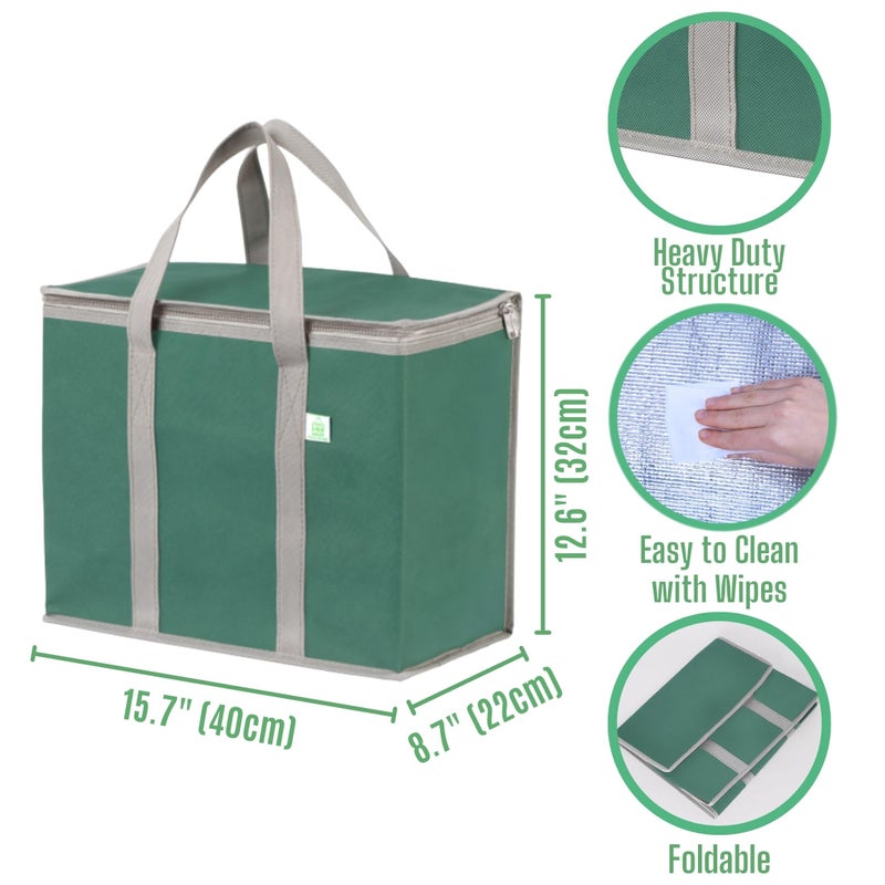 VENO 2 Pack Cooler Bag and Insulated Grocery Bags for Food Delivery, Collapsible Cooler, Reusable Shopping Bags for Groceries with Zipper, Foldable, Heavy-Duty, Stands Upright (Green, 2 Pack) - Image 2