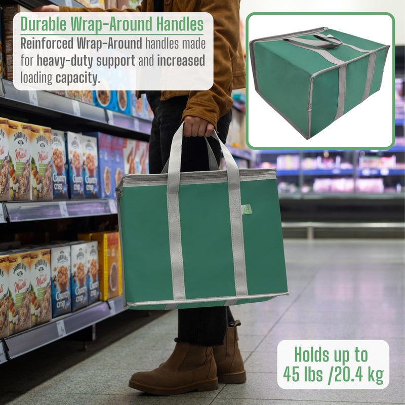 VENO 2 Pack Cooler Bag and Insulated Grocery Bags for Food Delivery, Collapsible Cooler, Reusable Shopping Bags for Groceries with Zipper, Foldable, Heavy-Duty, Stands Upright (Green, 2 Pack) - Image 5