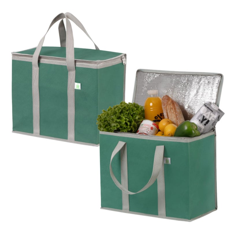 VENO 2 Pack Cooler Bag and Insulated Grocery Bags for Food Delivery, Collapsible Cooler, Reusable Shopping Bags for Groceries with Zipper, Foldable, Heavy-Duty, Stands Upright (Green, 2 Pack) - Image 1