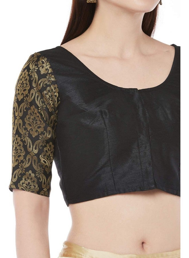 Studio Shringaar Women's Brocade Sleeves Saree Blouse(Black, 38) - Image 4