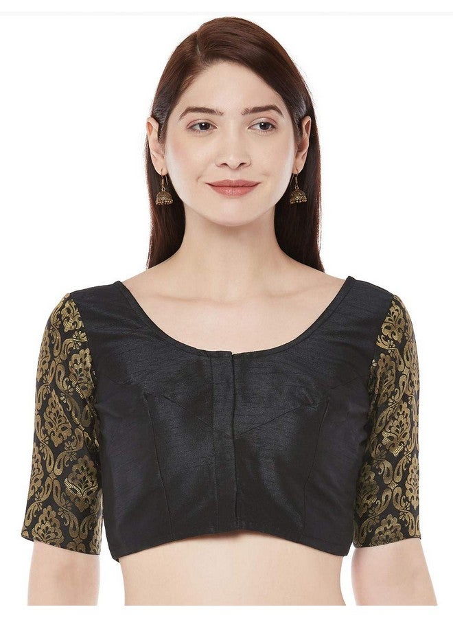 Studio Shringaar Women's Brocade Sleeves Saree Blouse(Black, 38) - Image 1