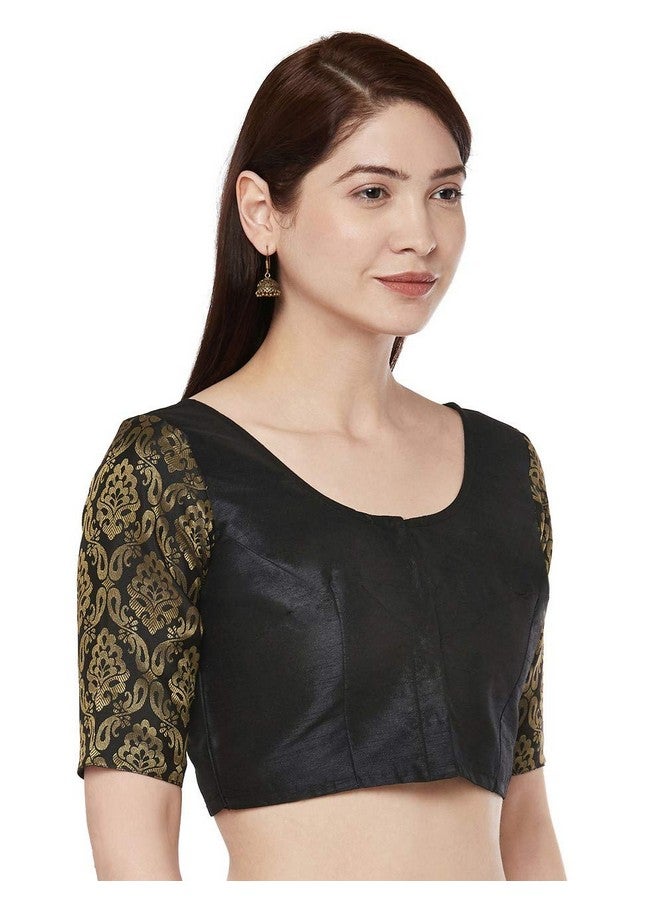 Studio Shringaar Women's Brocade Sleeves Saree Blouse(Black, 38) - Image 2