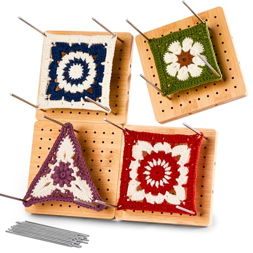 OAKWOOMA 4-Pack 4.7" Crochet Blocking Boards with 25 Steel Pins Pegs, Assembles into 9.4" Standable Granny Square Blocking Board for Crochet Projects, for Crocheting and Knitting, 4 in 1 Gifts for Crocheter - Image 1