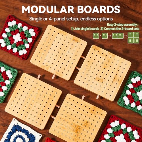 OAKWOOMA 4-Pack 4.7" Crochet Blocking Boards with 25 Steel Pins Pegs, Assembles into 9.4" Standable Granny Square Blocking Board for Crochet Projects, for Crocheting and Knitting, 4 in 1 Gifts for Crocheter - Image 3