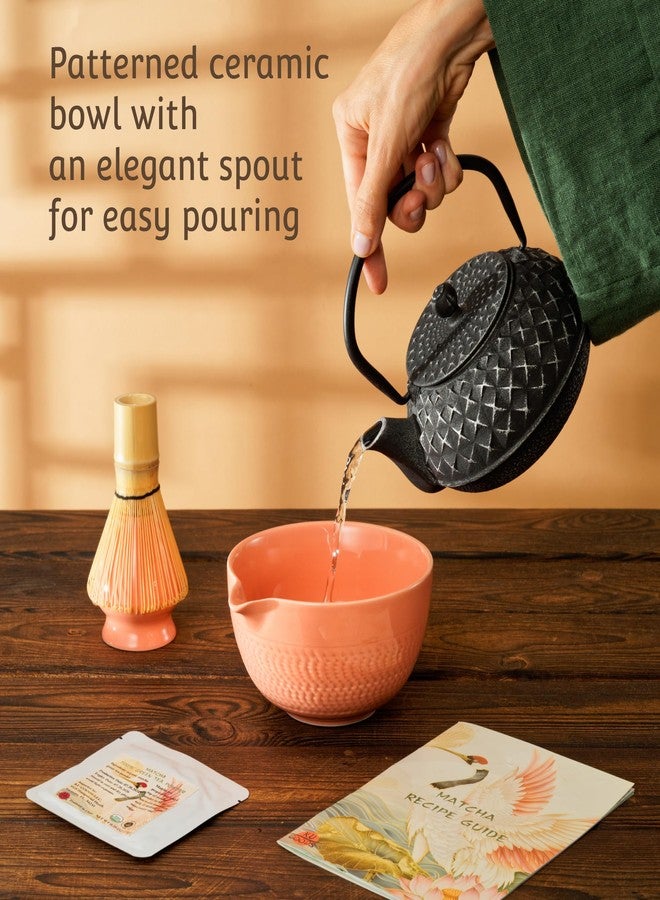 KU GOODS 7 Pc Japanese Matcha Tea Set - Bamboo Whisk, Bowl with Spout and Matcha Green Tea Powder, Whisk Holder, Matcha Sifter, Crane Bird and Lotus Decorative Gift Box and Recipe Guide (Salmon Pink) - Image 4