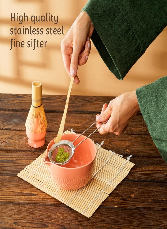 KU GOODS 7 Pc Japanese Matcha Tea Set - Bamboo Whisk, Bowl with Spout and Matcha Green Tea Powder, Whisk Holder, Matcha Sifter, Crane Bird and Lotus Decorative Gift Box and Recipe Guide (Salmon Pink) - Image 3