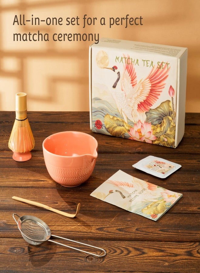 KU GOODS 7 Pc Japanese Matcha Tea Set - Bamboo Whisk, Bowl with Spout and Matcha Green Tea Powder, Whisk Holder, Matcha Sifter, Crane Bird and Lotus Decorative Gift Box and Recipe Guide (Salmon Pink) - Image 2